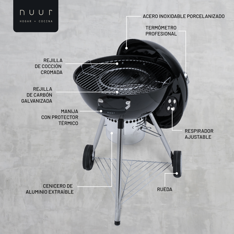 ASADOR DE CARBON PROFESIONAL 22" CON TERMÓMETRO NUUR MODELO:ASCAR22