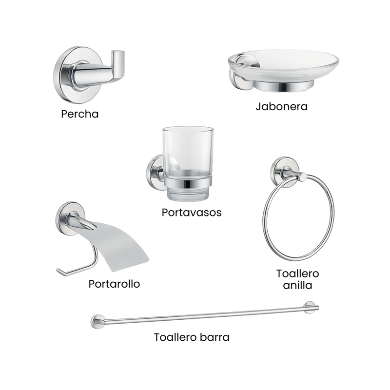 KIT ACCESORIOS PARA BAÑO CROMO ZETA 6 PIEZAS