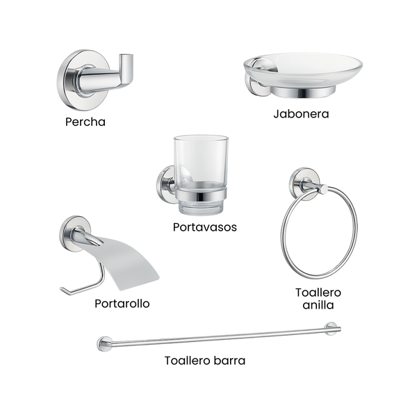 KIT ACCESORIOS PARA BAÑO CROMO ZETA 6 PIEZAS