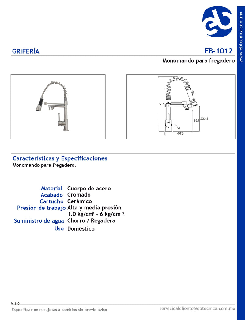 LLAVE MONOMANDO DUAL PARA FREGADERO EB-1012