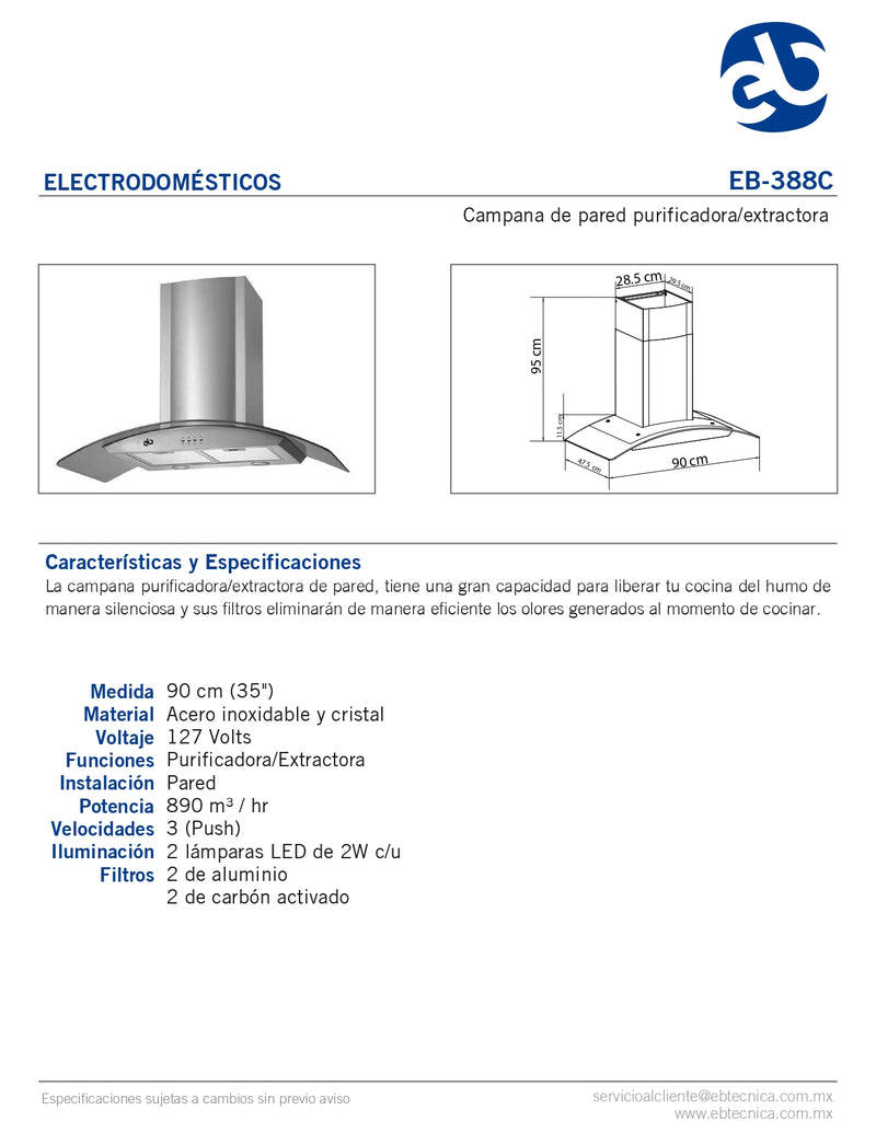 CAMPANA DE PARED 90 CM EN CRISTAL CURVO EB-388C