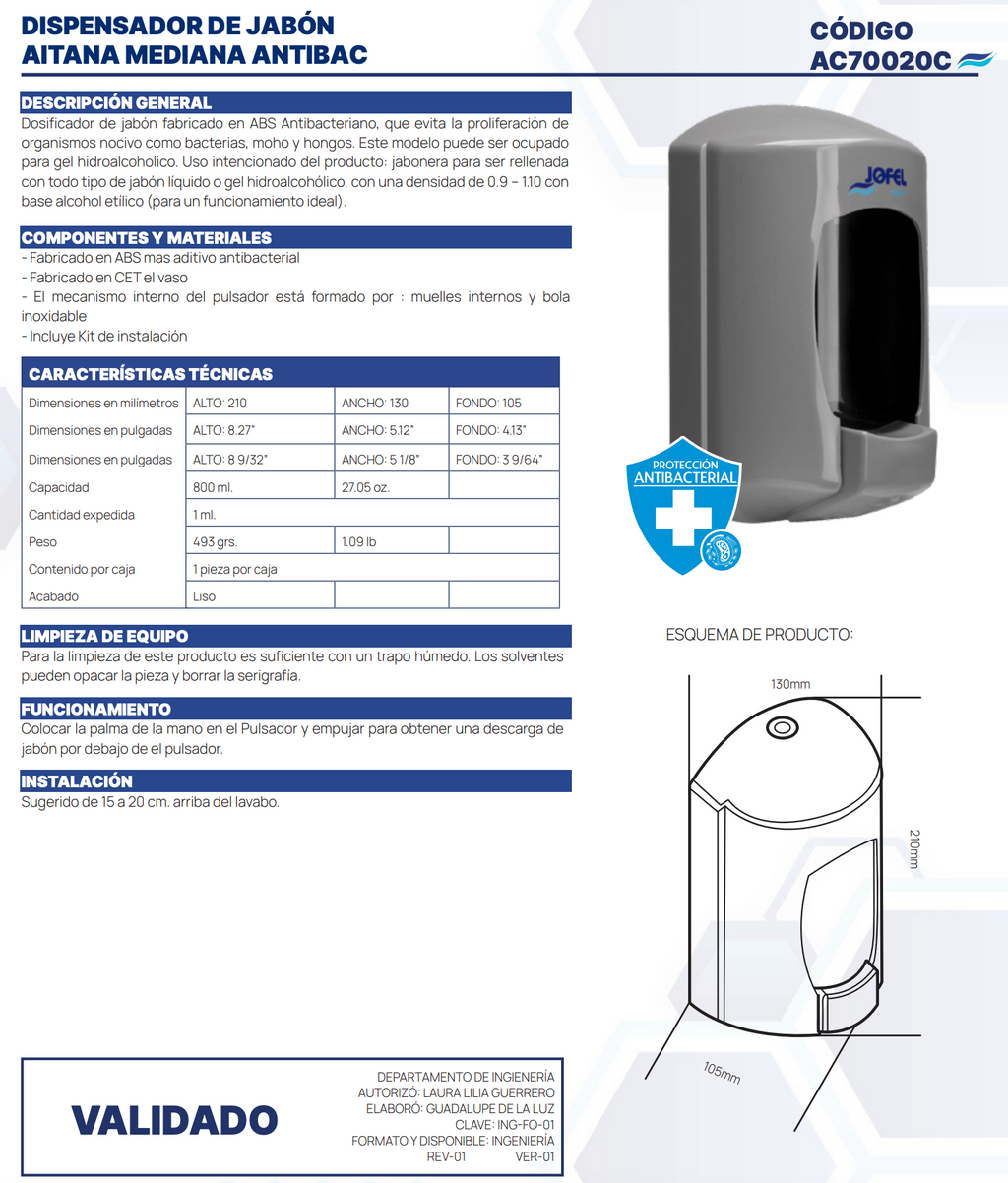 Design Antibac DISPENSADOR DE JABÓN AITANA MEDIANA ANTIBAC HUMO AC70020C