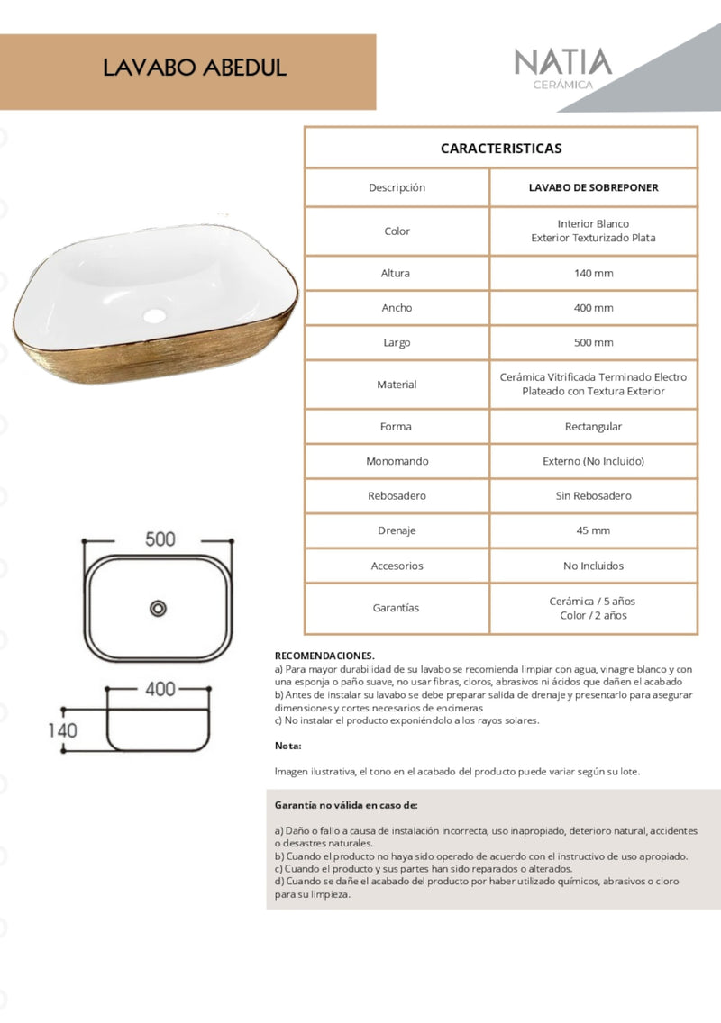 LAVABO CERAMICO DE SOBREPONER MOD. ABEDUL DORADO NATIA