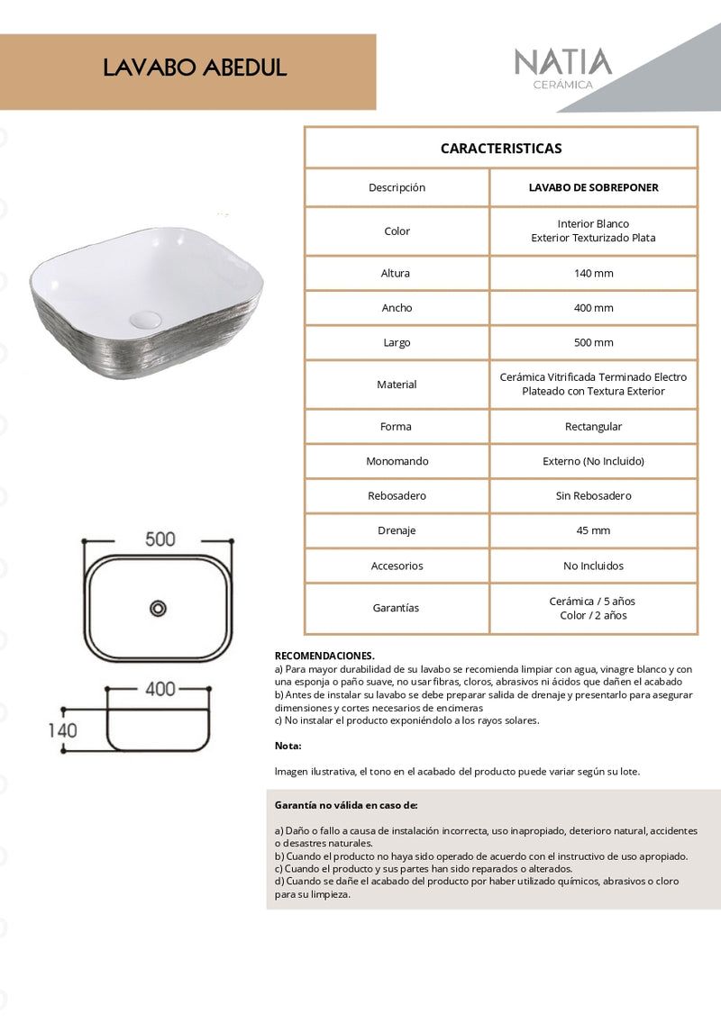 LAVABO CERAMICO DE SOBREPONER MOD. ABEDUL PLATA NATIA