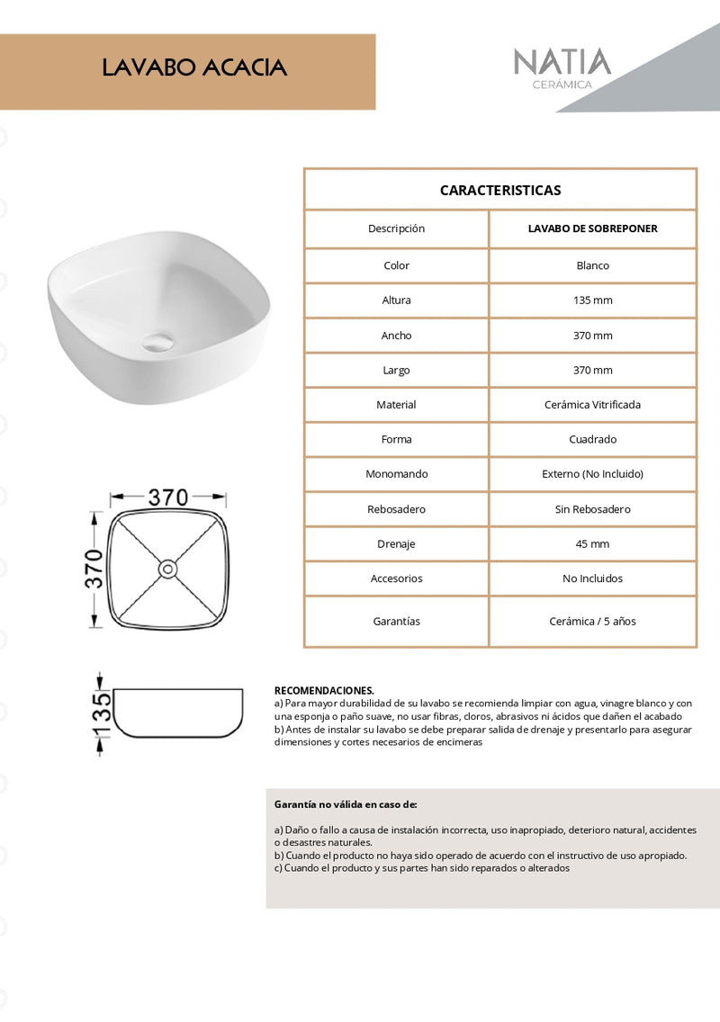 LAVABO CERÁMICO DE SOBREPONER ACACIA BLANCO BRILLANTE NATIA