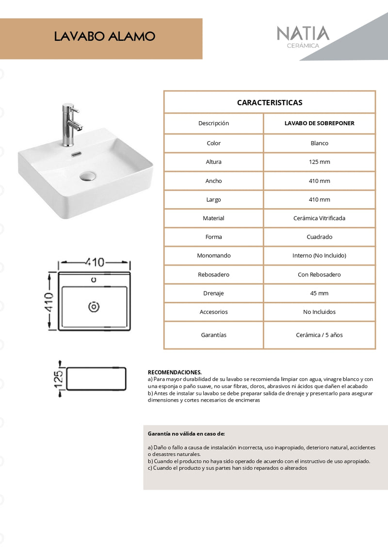 LAVABO CERAMICO DE SOBREPONER ALAMO BLANCO BRILLANTE NATIA