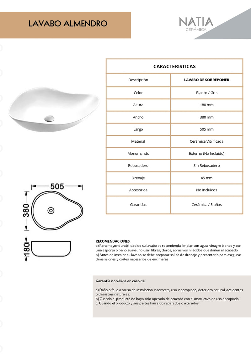 LAVABO CERAMICO DE SOBREPONER MOD. ALMENDRO BLANCO NATIA