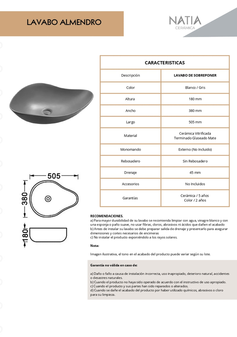 LAVABO CERAMICO DE SOBREPONER MOD. ALMENDRO GRIS NATIA