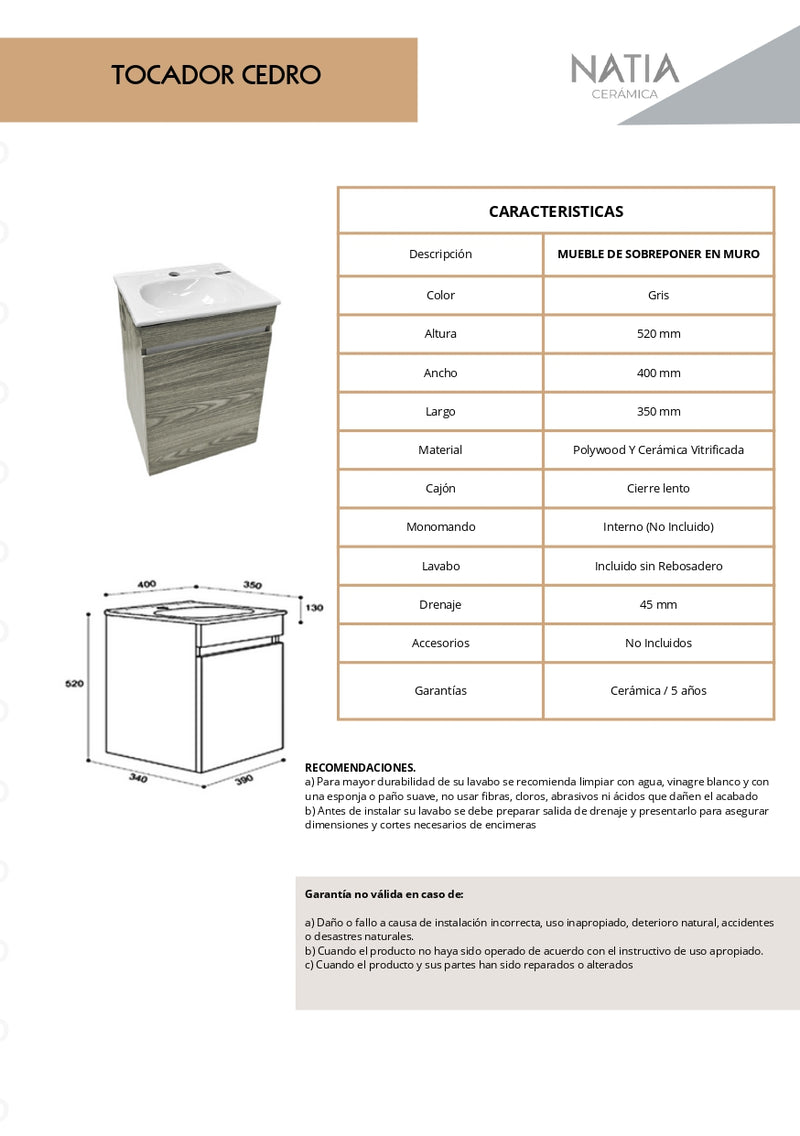 TOCADOR CON LAVABO SIN REBOSADERO MOD. CEDRO GRIS NATIA