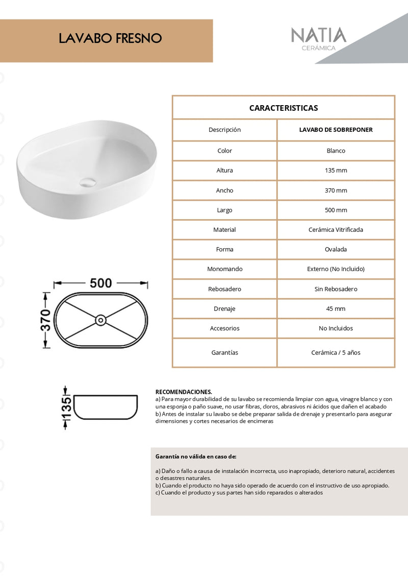 LAVABO CERAMICO DE SOBREPONER FRESNO BLANCO BRILLANTE NATIA