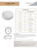 LAVABO CERAMICO DE SOBREPONER MOD.LAUREL BLANCO MATE NATIA