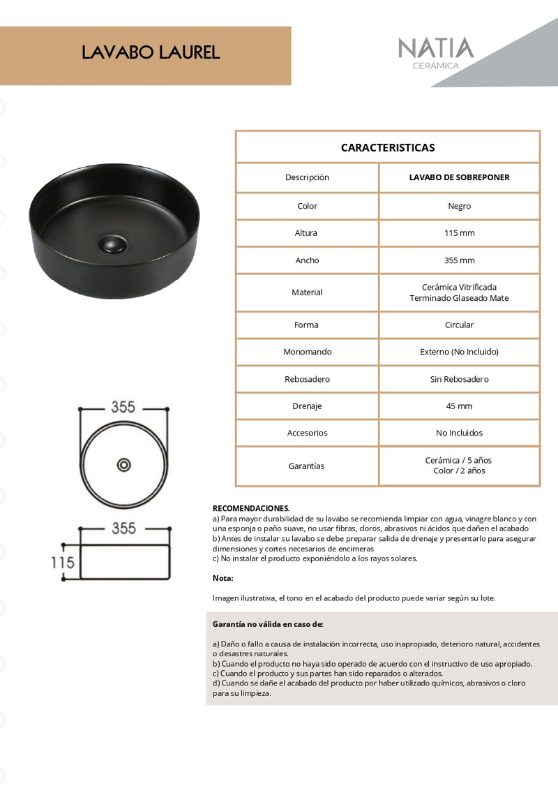 LAVABO CERAMICO DE SOBREPONER MOD. LAUREL NEGRO MATE NATIA