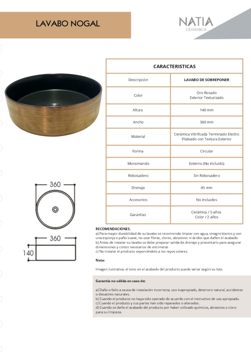 LAVABO CERAMICO DE SOBREPONER MOD.NOGAL ORO ROSADO NATIA