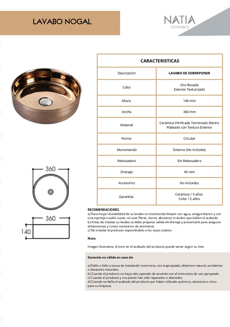 LAVABO CERAMICO DE SOBREPONER MOD.NOGAL ORO ROSADO NATIA