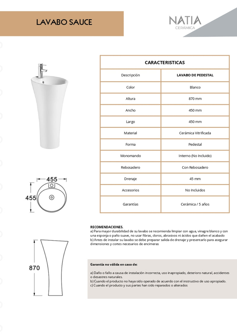 LAVABO PEDESTAL A PISO CON REBOSADERO MOD. SAUCE BLANCO NATIA