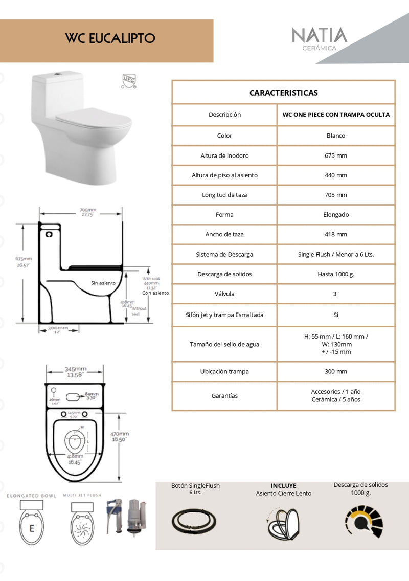 INODORO CON ASIENTO MOD. EUCALIPTO DUAL FLUSH BLANCO NATIA