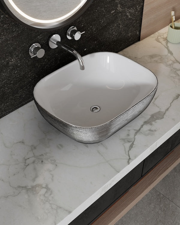 LAVABO CERAMICO OVALADO DE SOBREPONER NATIA MOD.ABEDUL PLATA CON INTERIOR BLANCO BRILLANTE