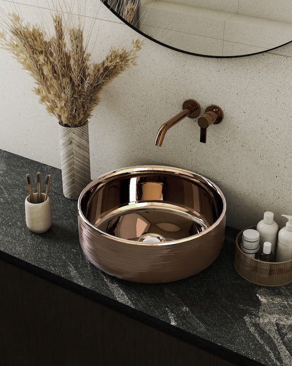 LAVABO CERAMICO REDONDO DE SOBREPONER NATIA MOD.NOGAL ORO ROSADO