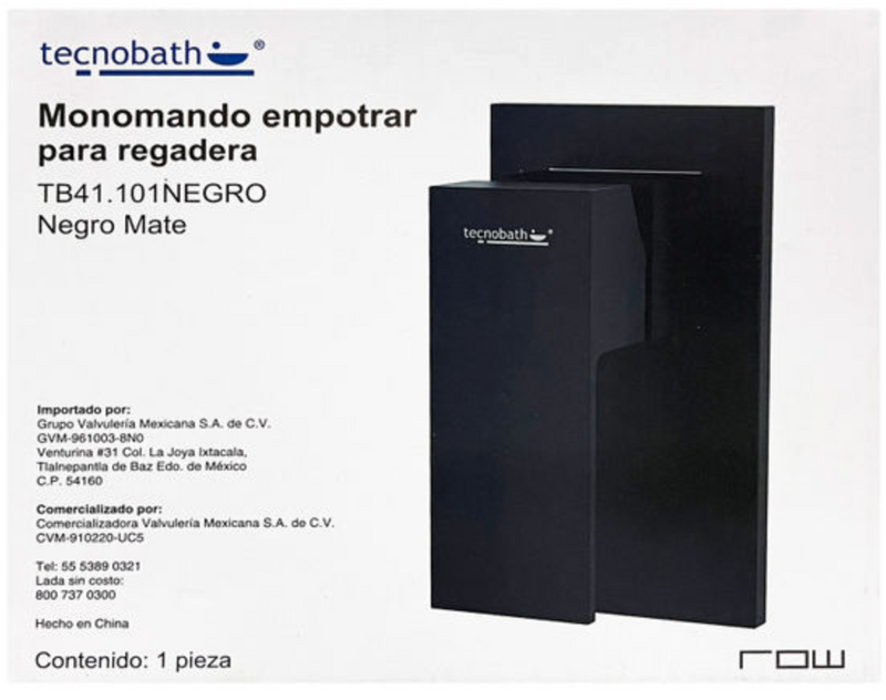 MONOMANDO EMPOTRAR PARA REGADERA TB41.101 NEGRO MATE
