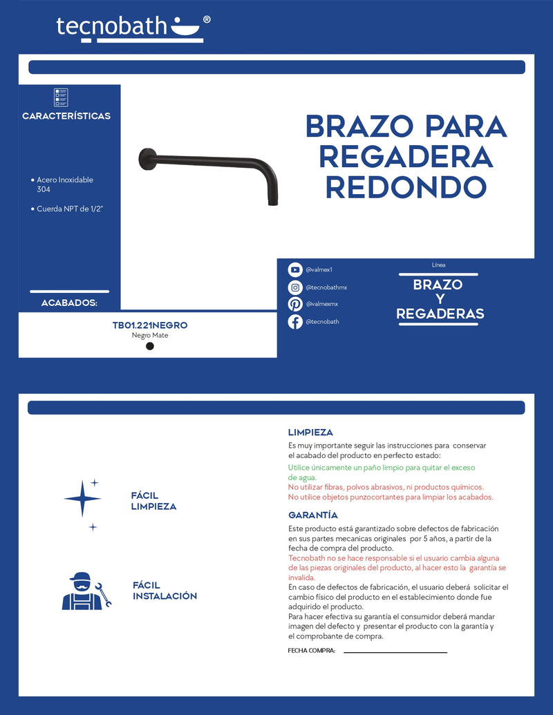BRAZO PARA REGADERA REDONDO TB01.221 NEGRO