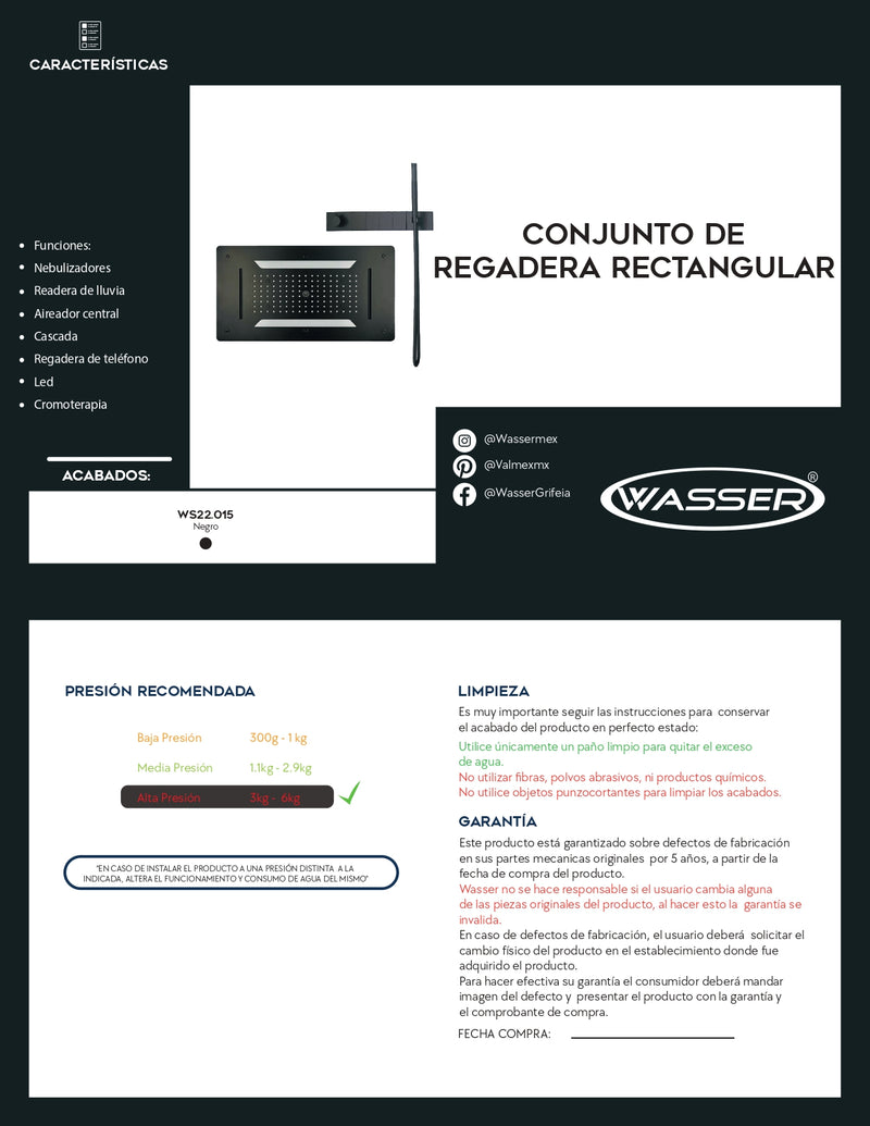 CONJUNTO DE REGADERA RECTANGULAR A TECHO WS22.015