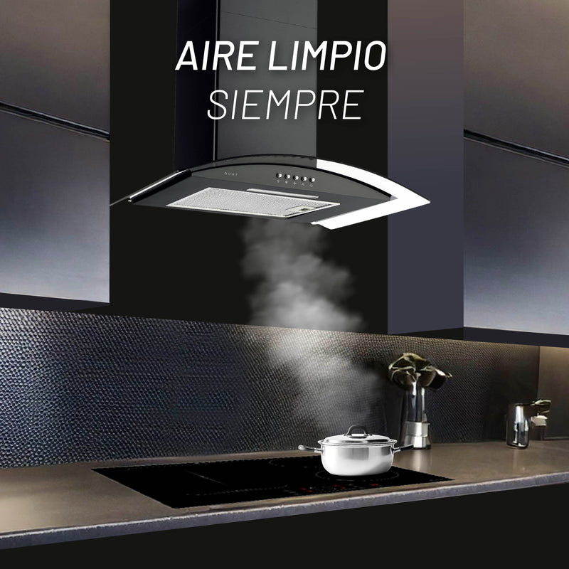 CAMPANA EXTRACTORA A PARED ACERO INOXIDABLE Y CRISTAL TEMPLADO 60 CM COLOR NEGRO MODELO:CAMEXPA60AVN