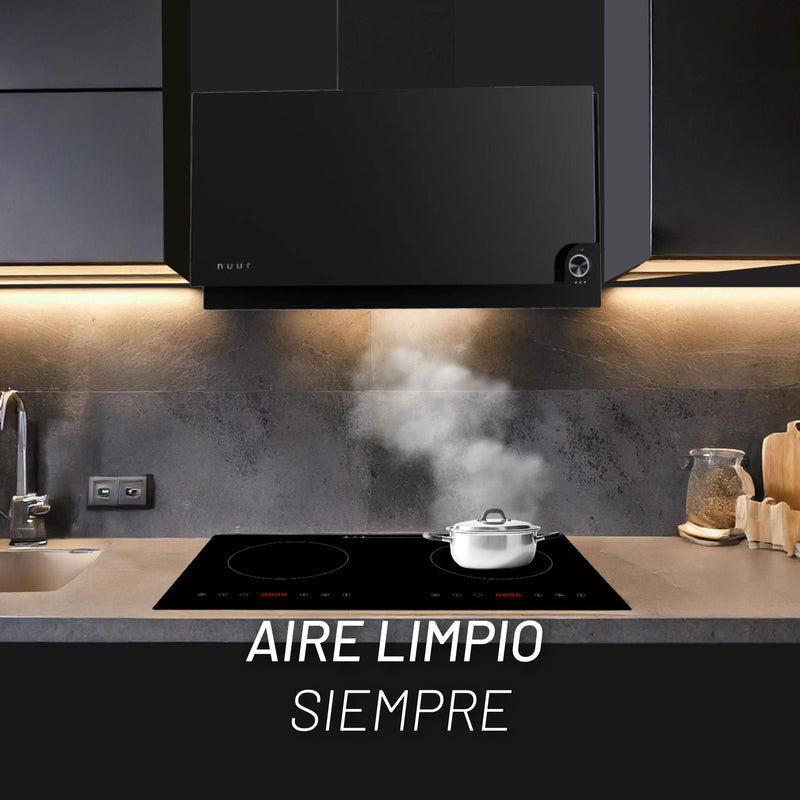 CAMPANA EXTRACTORA INTELIGENTE DE PARED 90CM CON TERMINADO SUPERIOR MATE E INFERIOR VIDRIO TEMPLADO, WIFI NUUR MODELO:CAMEXPA90IM