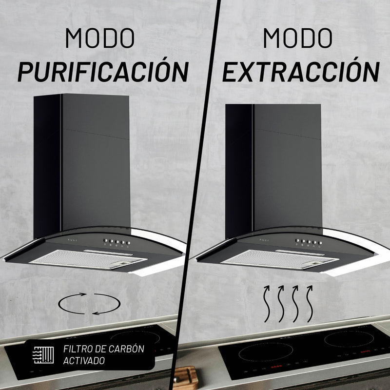 CAMPANA EXTRACTORA A PARED ACERO INOXIDABLE Y CRISTAL TEMPLADO 60 CM COLOR NEGRO MODELO:CAMEXPA60AVN