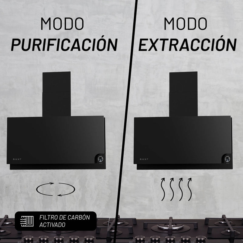 CAMPANA EXTRACTORA INTELIGENTE DE PARED 90CM CON TERMINADO SUPERIOR MATE E INFERIOR VIDRIO TEMPLADO, WIFI NUUR MODELO:CAMEXPA90IM