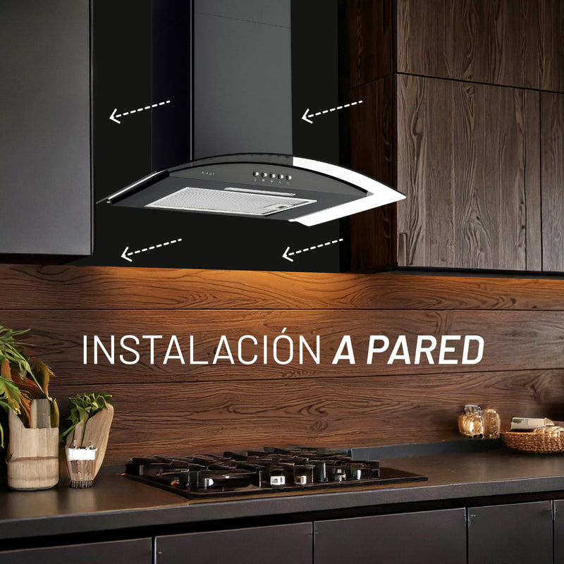 CAMPANA EXTRACTORA A PARED ACERO INOXIDABLE Y CRISTAL TEMPLADO 60 CM COLOR NEGRO MODELO:CAMEXPA60AVN
