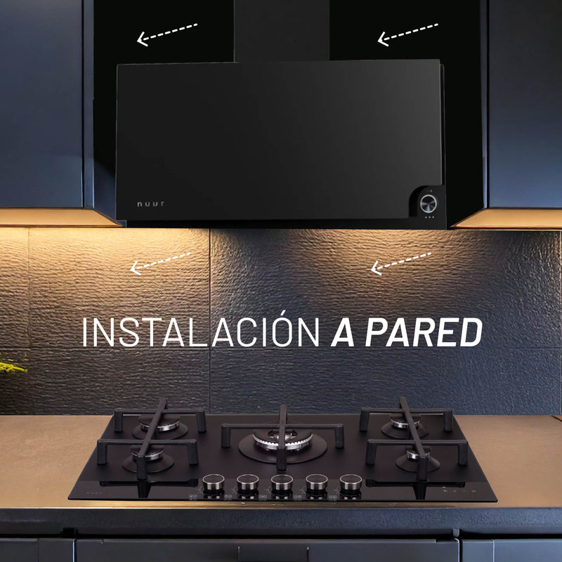CAMPANA EXTRACTORA INTELIGENTE DE PARED 90CM CON TERMINADO SUPERIOR MATE E INFERIOR VIDRIO TEMPLADO, WIFI NUUR MODELO:CAMEXPA90IM
