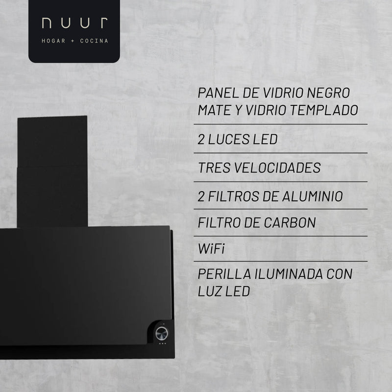 CAMPANA EXTRACTORA INTELIGENTE DE PARED 90CM CON TERMINADO SUPERIOR MATE E INFERIOR VIDRIO TEMPLADO, WIFI NUUR MODELO:CAMEXPA90IM