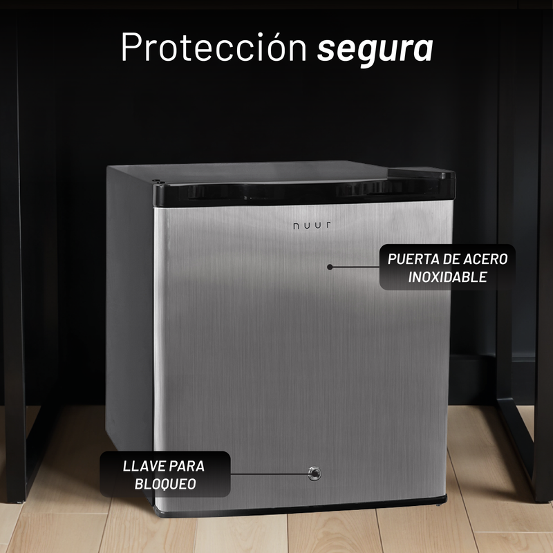 MINI FRIGOBAR CON CONTROL MECÁNICO Y COMPRESOR CAPACIDAD 46L 1.6PIES PUERTA COLOR ACERO INOXIDABLE CON LLAVE NUUR MODELO:FRIGO46L
