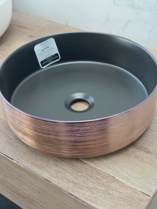 LAVABO CERAMICO REDONDO DE SOBREPONER NATIA MOD.NOGAL ORO ROSADO CON INTERIOR NEGRO