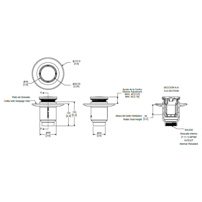 COLADERA CORTA DE UNA BOCA VERTICAL  DESAGUE DE CONTORNO REDONDO TAPA REMOVIBLE 22V-HL